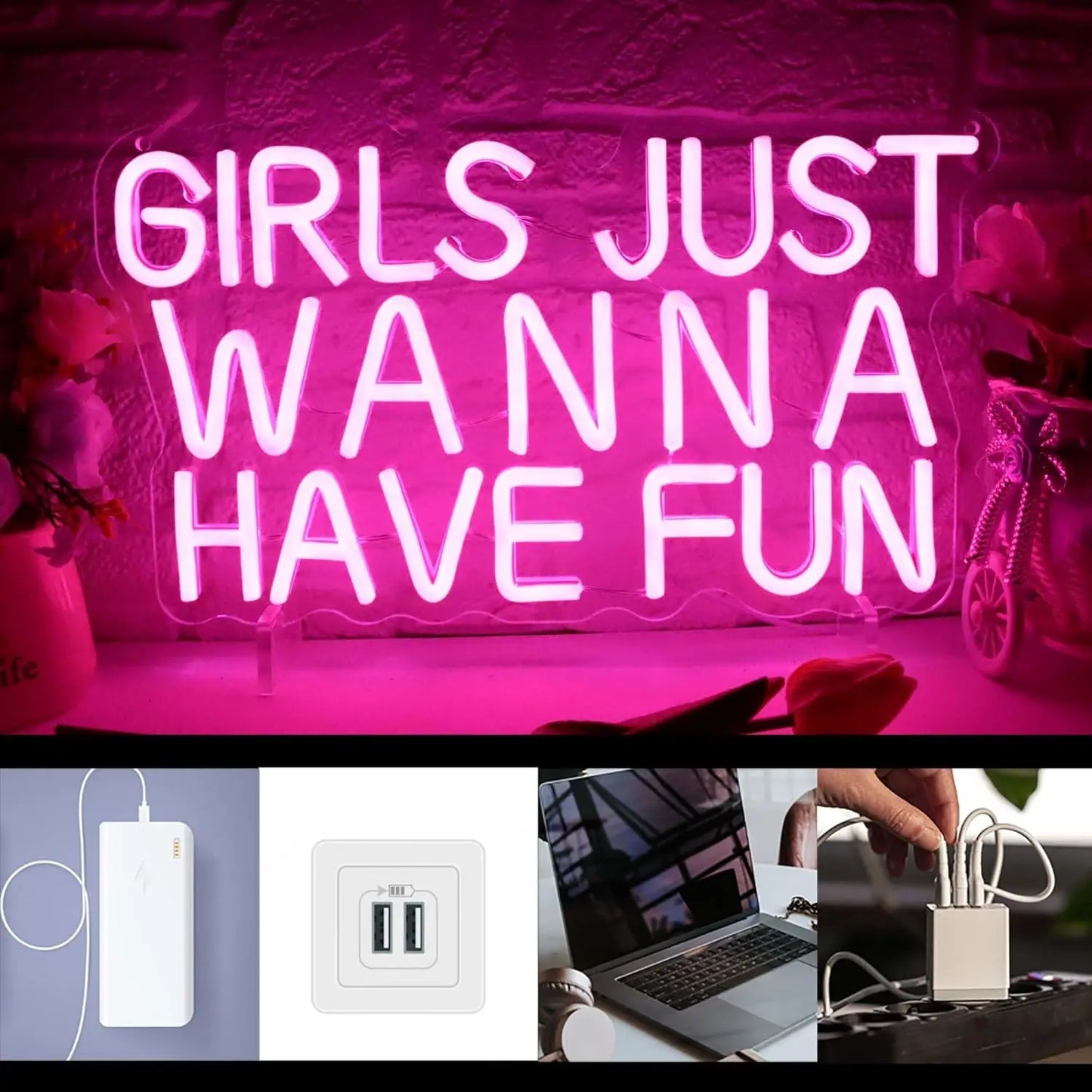 Girls Just Wanna Have Fun Neon Signs LED Neon Light Sign Light Up Neon Signs Wall Decor for Wedding Party Teen Bedroom - WATTSGOOD