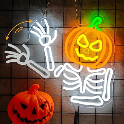Waving Skeleton Pumpkin Neon Sign