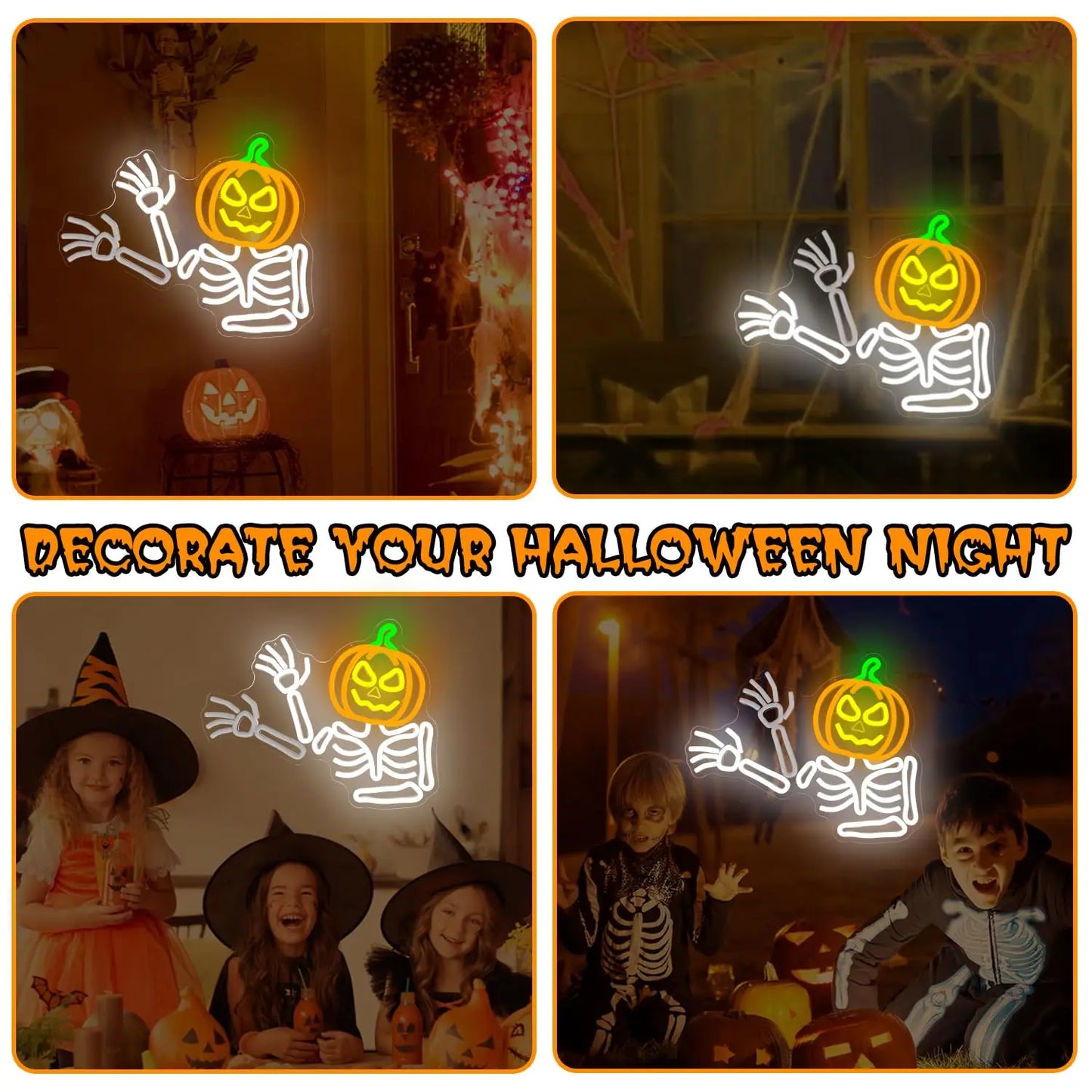 Waving Skeleton Pumpkin Neon Sign