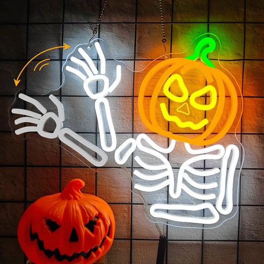 Waving Skeleton Pumpkin Neon Sign