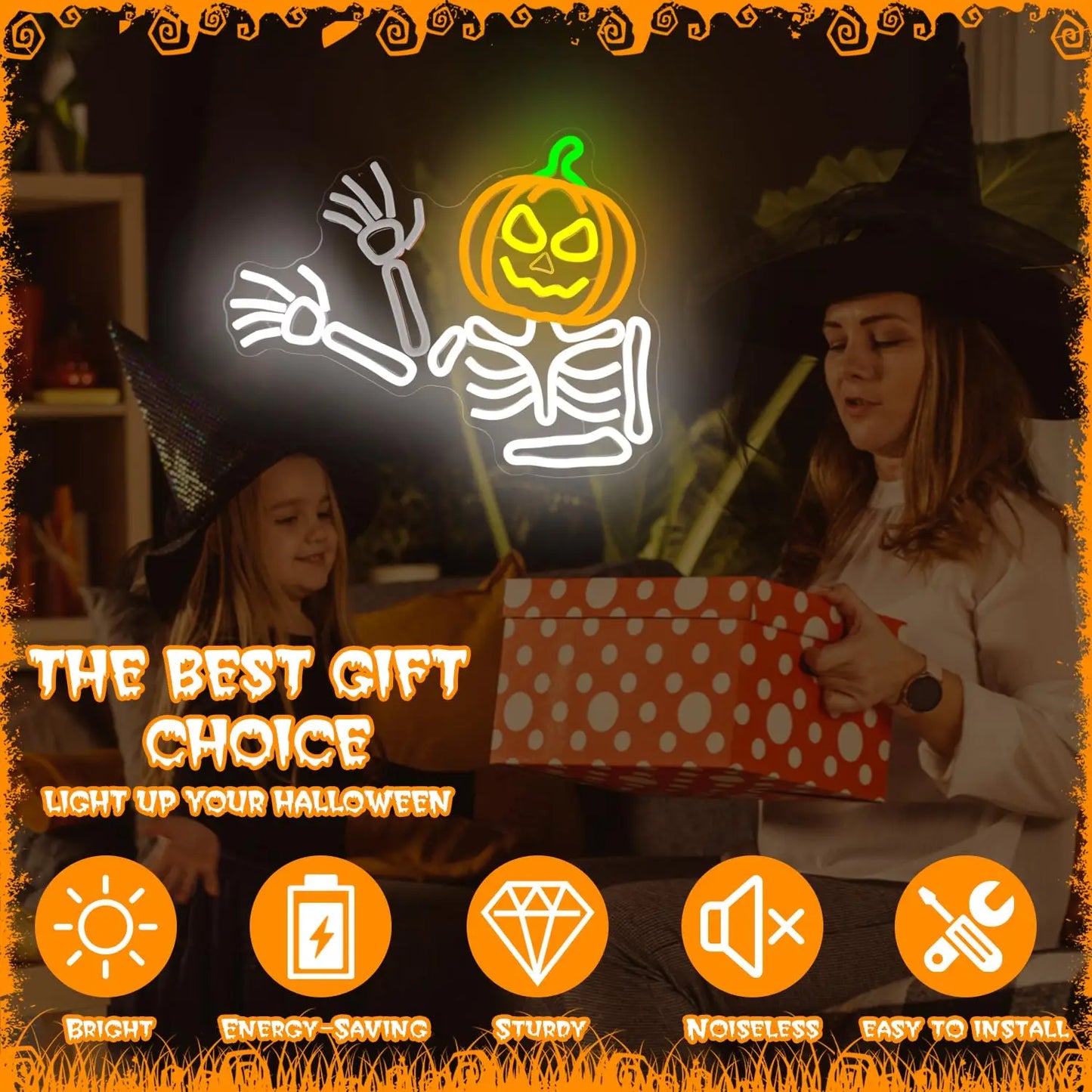 Waving Skeleton Pumpkin Neon Sign