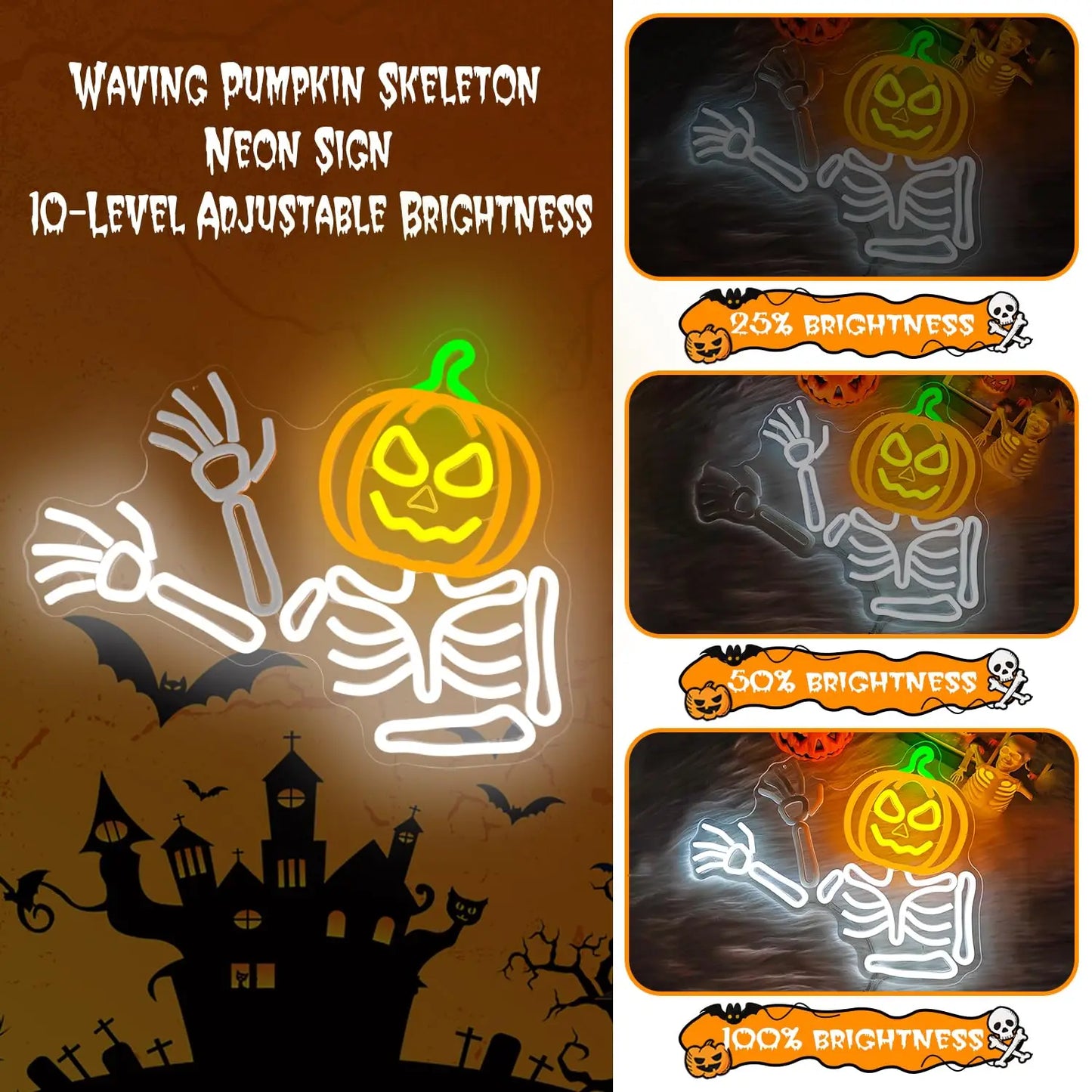 Waving Skeleton Pumpkin Neon Sign