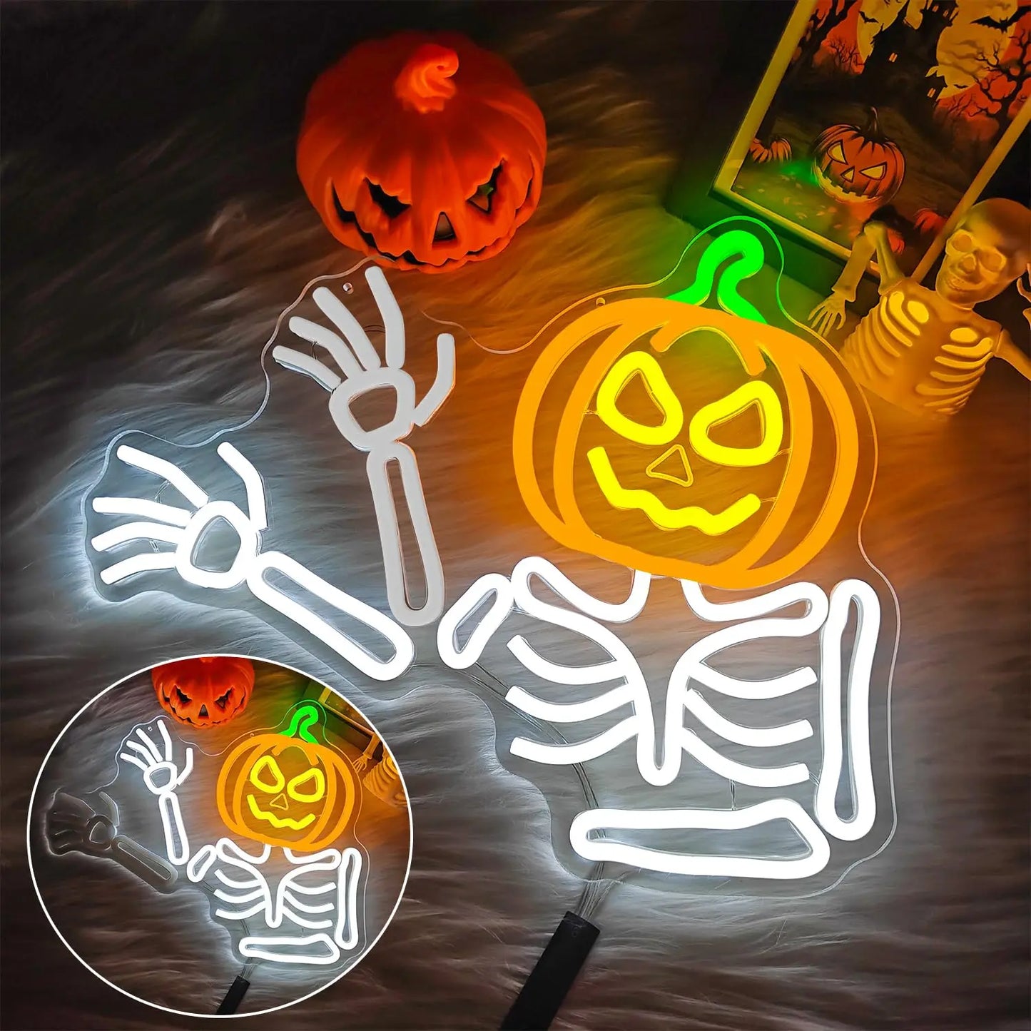Waving Skeleton Pumpkin Neon Sign