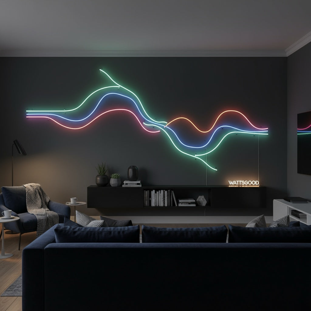 Neon light installation on a dark wall in a modern living room.