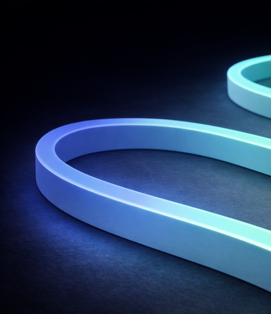 Wattsgood Glowing blue and green LED strip on a dark background